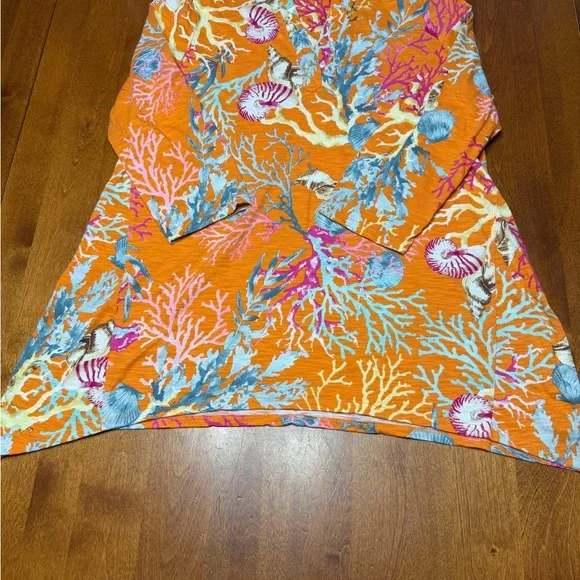 Chico's Women’s 3/4 Sleeve Coral Cotton Slub Vneck Sharkbite Hem 1 Medium - Picture 6 of 14